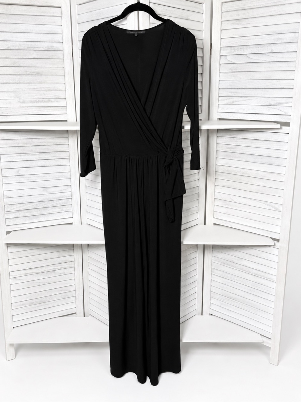 Nik and Nash Black Faux Wrap Wide Leg Jumpsuit Size L Made in USA